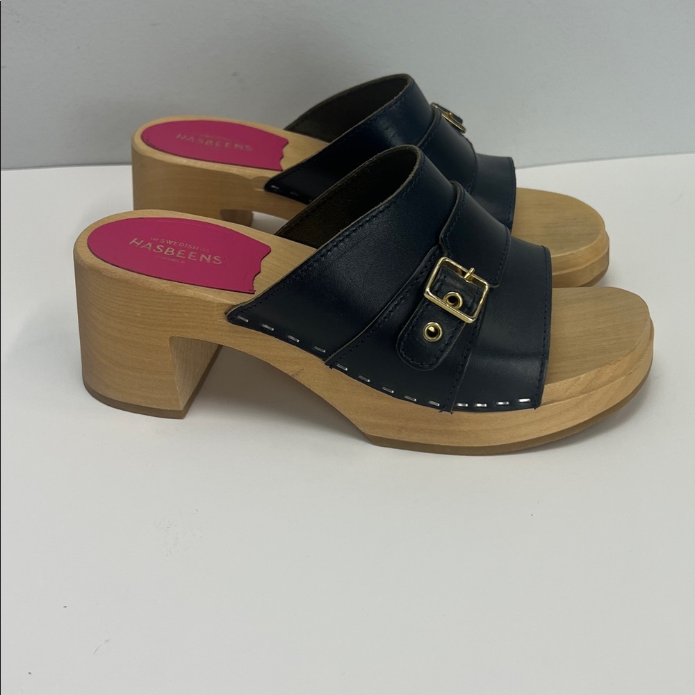 Swedish Hasbeens Preppy Slip In Clog Sandals Blue Leather Gold Buckle EU 37 US 7
